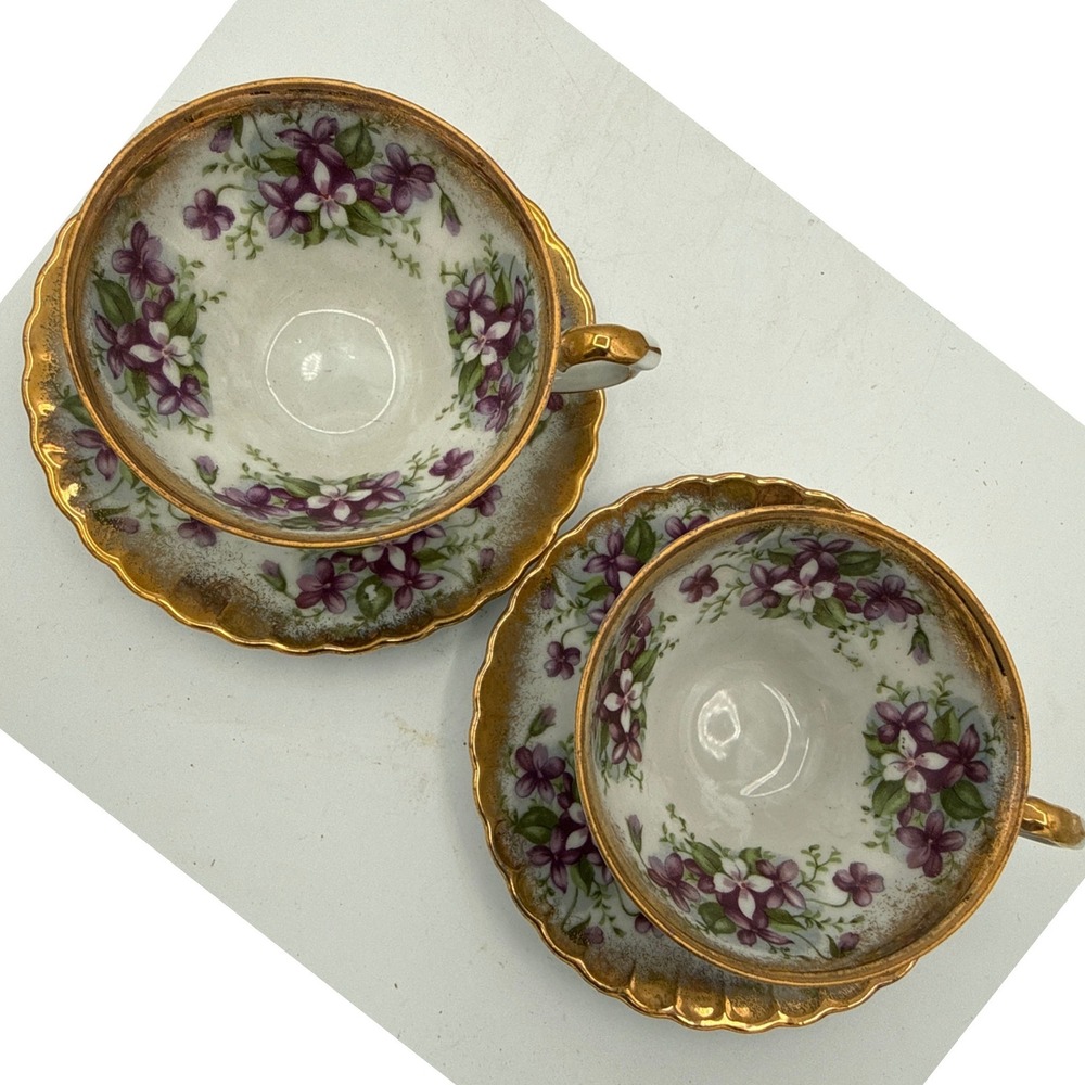 Vintage Royal Sealy Japan Purple Violets Teacup Saucer Sets Gold Trim Pair of 2